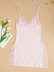 1pc Elegant Lace Bow Spaghetti Strap Nightgown Women Sleep Dresses Romantic Soft Comfortable Sleepwear Nightdress Side Slit Design For Ladies - 粉色 - 查看 7