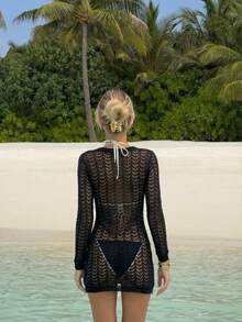 女士新款性感半透明针织罩衫连衣裙，适合度假、海滩和日常穿着 - 黑色 - 查看 3