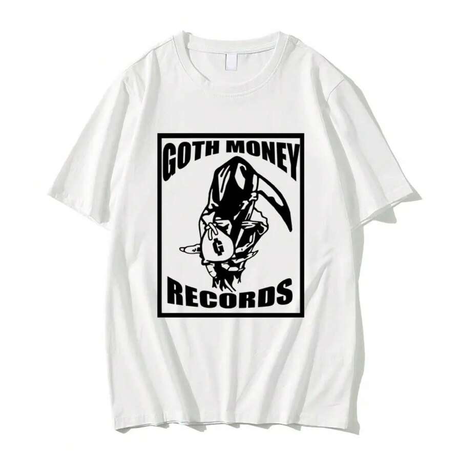 Camiseta con estampado de registros de dinero gótico, camisetas gráficas de calavera para hombres, camisetas de manga corta vintage góticas, camisetas de hip hop para hombres - Blanco - Ver 1