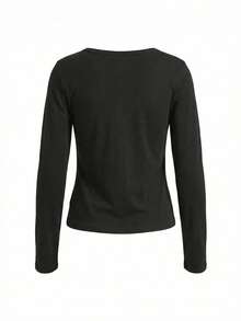 Sexy V-Neck Long Sleeve Fitted T-Shirt, Crop Top Black Spring - Black - View 7
