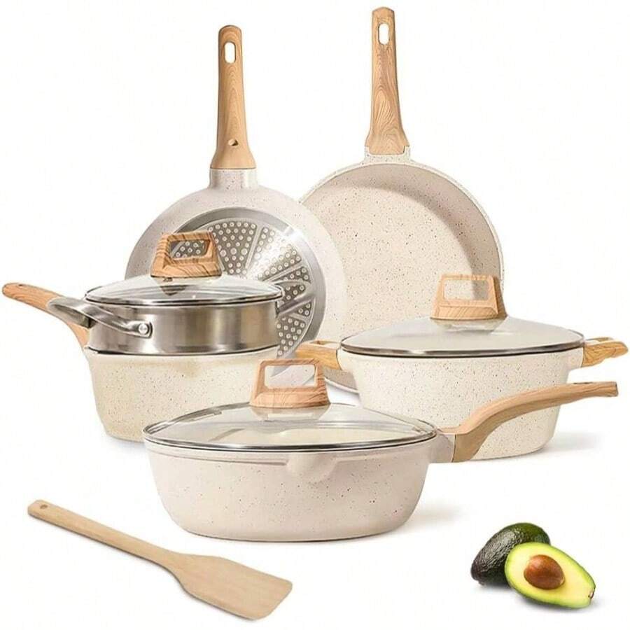 Sartenes Antiadherentes 10 Piezas, Bateria de Cocina, Juego de Sartenes de Induccion, Juego de Ollas y Sartenes, Fcil Limpieza, con Sartenes y Cacerolas, Granito Blanco - Granito blanco - Ver 1