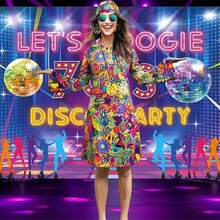 5件套70、80年代嬉皮士风格连衣裙套装，包含项链和耳环，女士迪斯科舞会派对服装，60年代复古派对礼服，复古派对礼服，万圣节舞会服装 - 彩色 - 查看 13