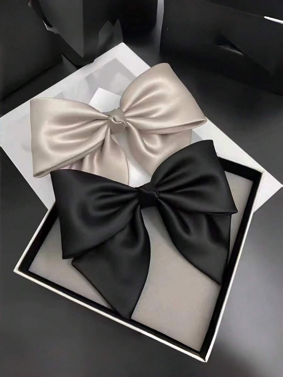 2pcs Satin Bow Barrettes, Black Large Hair Clips Headpieces, High-End Hair Accessories Suitable For Everyday Use - Multicolor - View 1