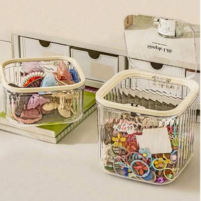 2pcs Set, 1pc Multi-Functional Dust-Proof Cosmetic, Hair Accessory Storage Box, Makeup Box, Desktop Decor Box, Desktop Trash Can, Women Storage Box, Suitable For Rubber Bands, Hair Clips, Headbands, Hair Ties, Cosmetics, Travel Essentials, Dorm Supplies, Autumn Decor, Desktop Transparent Storage Box, Women Gift