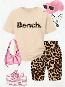 2pcs/Set Teens' Loose Short Sleeve Set, "Bench" Printed Tee And Leopard Print Leggings, Summer Exclusive Short Sleeve Outfit - Multicolor - View 3