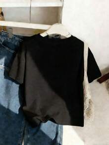 女童短袖T恤，饰有蝴蝶结和猫咪图案，宽松休闲，百搭童装，女童服装 - 黑色 - 查看 5