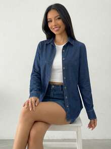 Camisera de Mezclilla Liso Casual Desgarro Botón - Azul Marino - Ver 3