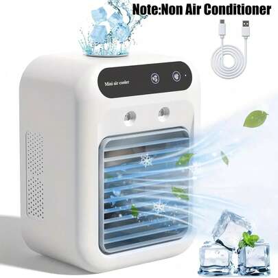 Mini ventilador de névoa recarregável via USB - Dispositivo de resfriamento portátil para mesa, com bateria de lítio, carregamento sem fio e USB, adequado para uso em casa, no escritório ou em dormitórios.