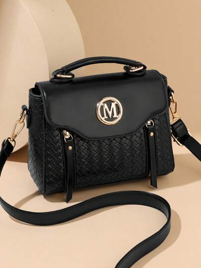 Damen Mode "M" Buchstabe Handy- & Münzen-Umhängetasche, Tasche mit gewebter Textur Klappe, verstellbarer Riemen, leichte Schultertasche für tägliche Wege, Besorgungen, Einkaufen