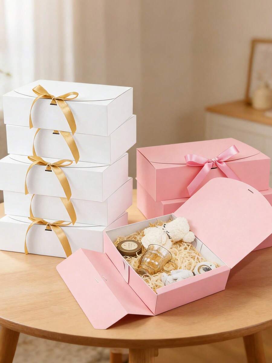 10 hộp quà màu trắng có nắp đậy, kèm ruy băng nơ vàng, thích hợp làm quà cầu hôn cho phù dâu, quà cưới, quà mừng em bé chào đời. - Nhiều màu - Xem 1