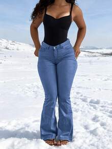 GILIPUR Y2K 高腰喇叭牛仔裤，优雅女士修身弹力牛仔裤，时尚街头风春季休闲装 - 中等水洗藍 - 查看 8