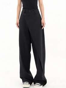 女士阔腿西装裤，宽松黑色长裤，不对称直筒裤，时尚休闲薄款正装裤，适合春夏穿着 - 黑色 - 查看 7