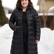 Plus Size, Plus Size Women's Solid Color Casual Long Coat With Zipper, Pockets And Detachable Hood - 黑色 - 查看 3