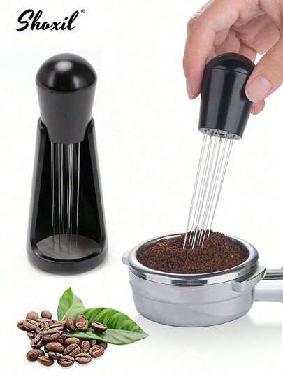 shoxil 1个304不锈钢12针0.4mm咖啡压粉及分配工具，带支架，咖啡分配针工具