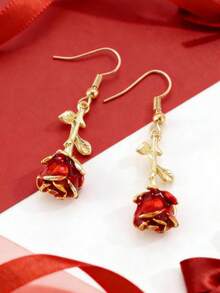 1 Pair Fashionable Rose Flower Delicate Floral Earrings, Ethereal Aesthetic - Red - View 2