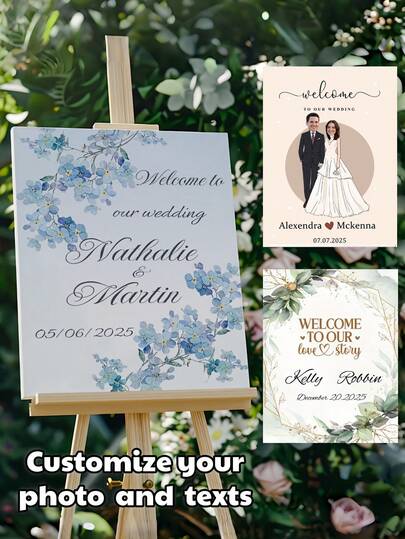 Cartel de bienvenida personalizable para boda - Pancarta de bienvenida personalizable con historia de amor con brillo - Pancarta de material de vinilo personalizada, decoración colgante, adecuada para boda, cumpleaños, bautizo, Navidad, Año Nuevo, graduación, Día de San Valentín, aniversario - No se necesita energía, sin plumas