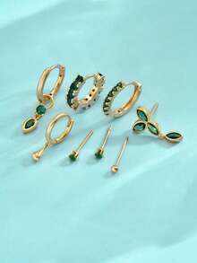 8 Piezas Conjunto De Pendientes De Piedra Natural Y Circonia De Color Verde Fabuloso Adecuado Para El Uso Diario, Cita, Fiesta Y Trabajo De Mujeres - Amarillo Oro - Ver 4