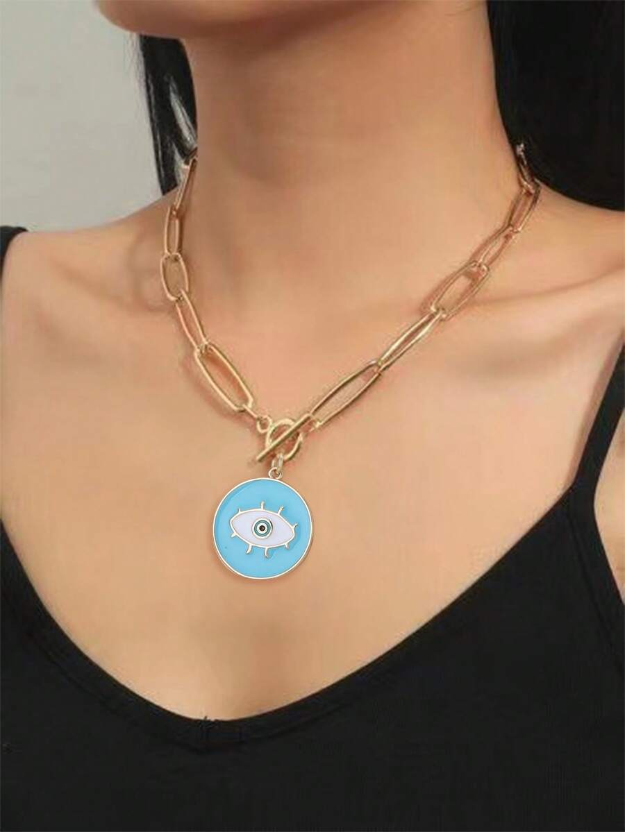 1pc Versatile Blue Devil's Eye Pendant Necklace, Suitable For Women's Daily And Holiday Wear (Random Chain Clasp And Bead Count) - Yellow Gold - View 1