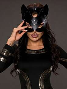 哥特式PU皮革眼罩套装：交叉眼罩和猫耳眼罩，朋克风格，适合万圣节角色扮演和夜店派对 - 黑色 - 查看 5