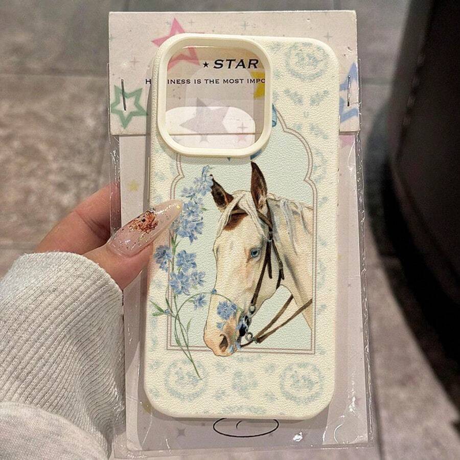 1个TPU材质手机壳，清新优雅的蓝花白马图案，兼容 17 Pro Max/17/16 Pro Max/15/13/12/11、S20 FE/A15/S24/A55，以及Redmi Note 11/12/13 Pro，全包防摔软保护壳 - 白色 - 查看 1