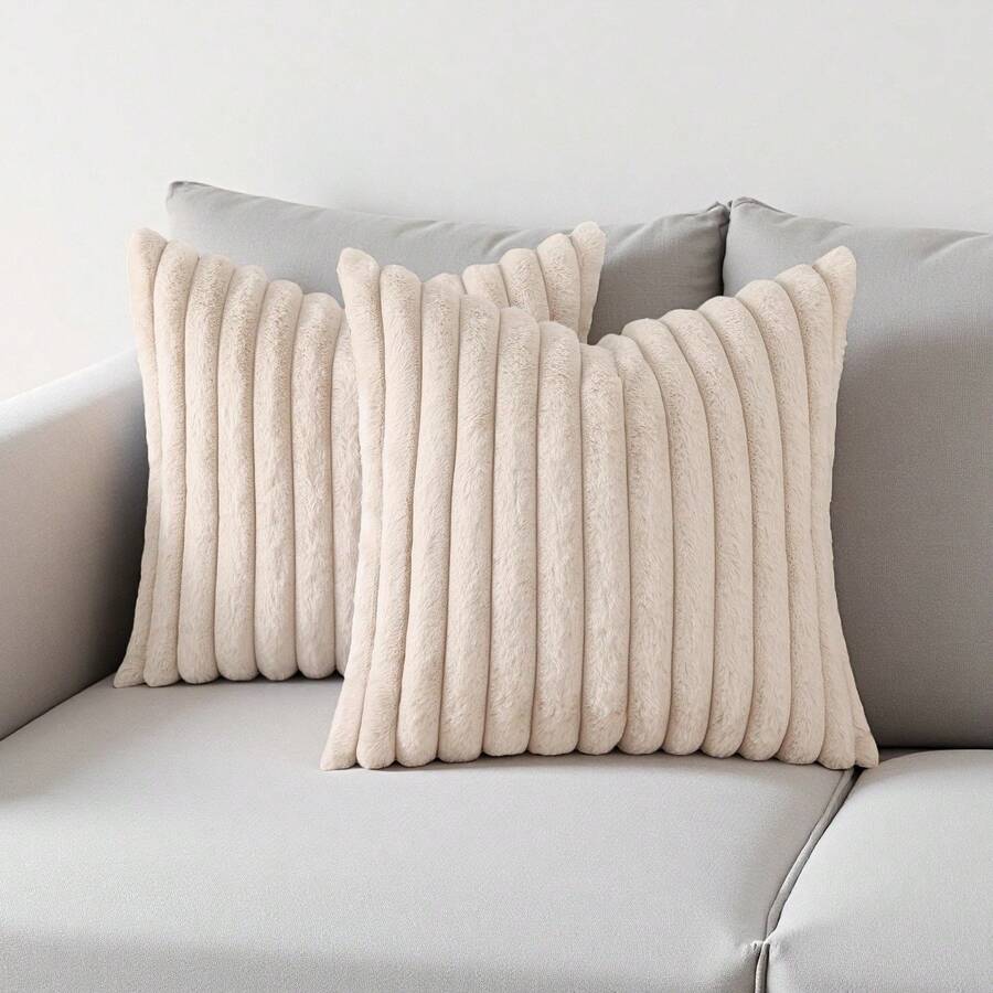 1pc Soft Faux Rabbit Fur Striped Throw Pillow Cover, Modern Decorative Sofa Cushion, Suitable For Living Room And Bedroom - Beige - View 1