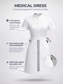 cimmuovere Women's Stand Collar Contrast Color 2 In 1 Short Sleeve Scrubs Dress, Nurse Uniform, Workwear For Dentist, Healthcare, Pet Hospital, Laboratory - White - View 2