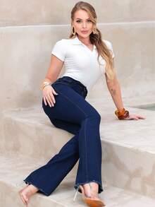 Women's Flare Jeans, High Waist, Country Style, Bell Bottom, Wide Leg, Lifts And Enhances The Butt, Lycra, Elastane - Rửa tối - Xem 3