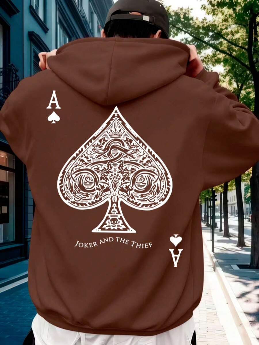Flannel Hoodie With Playing Cards, Spade Design, Streetwear, Cotton - Rỉ Nâu - Xem 1