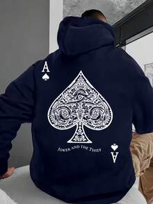 Flannel Hoodie With Playing Cards, Spade Design, Streetwear, Cotton - 藏蓝色 - 查看 1