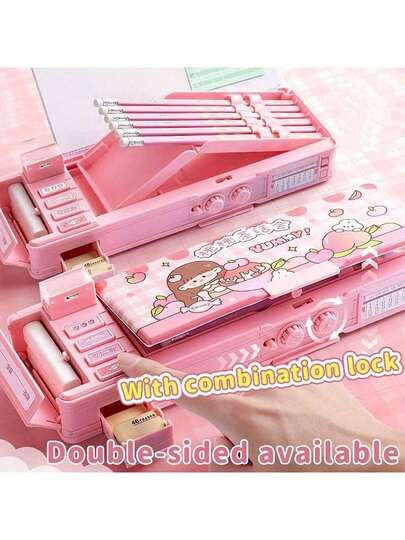 1个多功能文具双层卡通铅笔盒，大容量收纳盒，带智能锁扣，办公及绘画马克笔用品，最佳礼品（部分配件随机赠送）