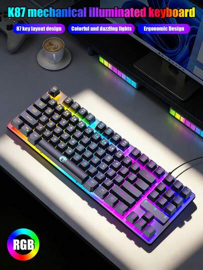 K87 RGB Mekanik Oyun Klavyesi, 87 Tuşlu Mekanik Dokunsal Gökkuşağı Arka Aydınlatmalı Kablolu Klavye, Hareketli Tuş Başlıkları, Ergonomik Tasarım, Kablolu USB Bağlantısı, PC, Dizüstü Bilgisayar, Oyuncular ve Yazıcılar İçin Uygun, Windows PC Oyuncuları İçin Tasarlanmıştır
