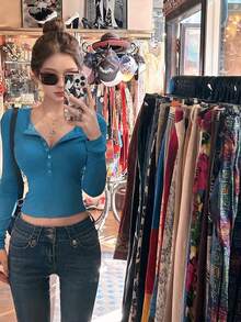 性感V领长袖修身T恤，露脐上衣 - 藍色 - 查看 3