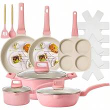 Sartenes Antiadherentes 15 Piezas, Bateria de Cocina, Juego de Sartenes de Induccion, Juego de Ollas y Sartenes, Fcil Limpieza, con Sartenes y Cacerolas Libre de PFOA, Rosa - Rosa - Ver 2