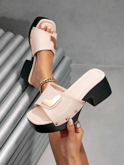 Textured Upper With Simple Metal Buckle Accents, Rivet Details Strengthen The Sweet And Cool Style. Thick Sole And Chunky Heel Design Adds Height And Stability. Slip-On Design Suitable For Daily Commute. Open-Toe Style Elongates The Legs And Feels Breezy, With Comfort And Versatility, Making It The Best Choice For Summer.