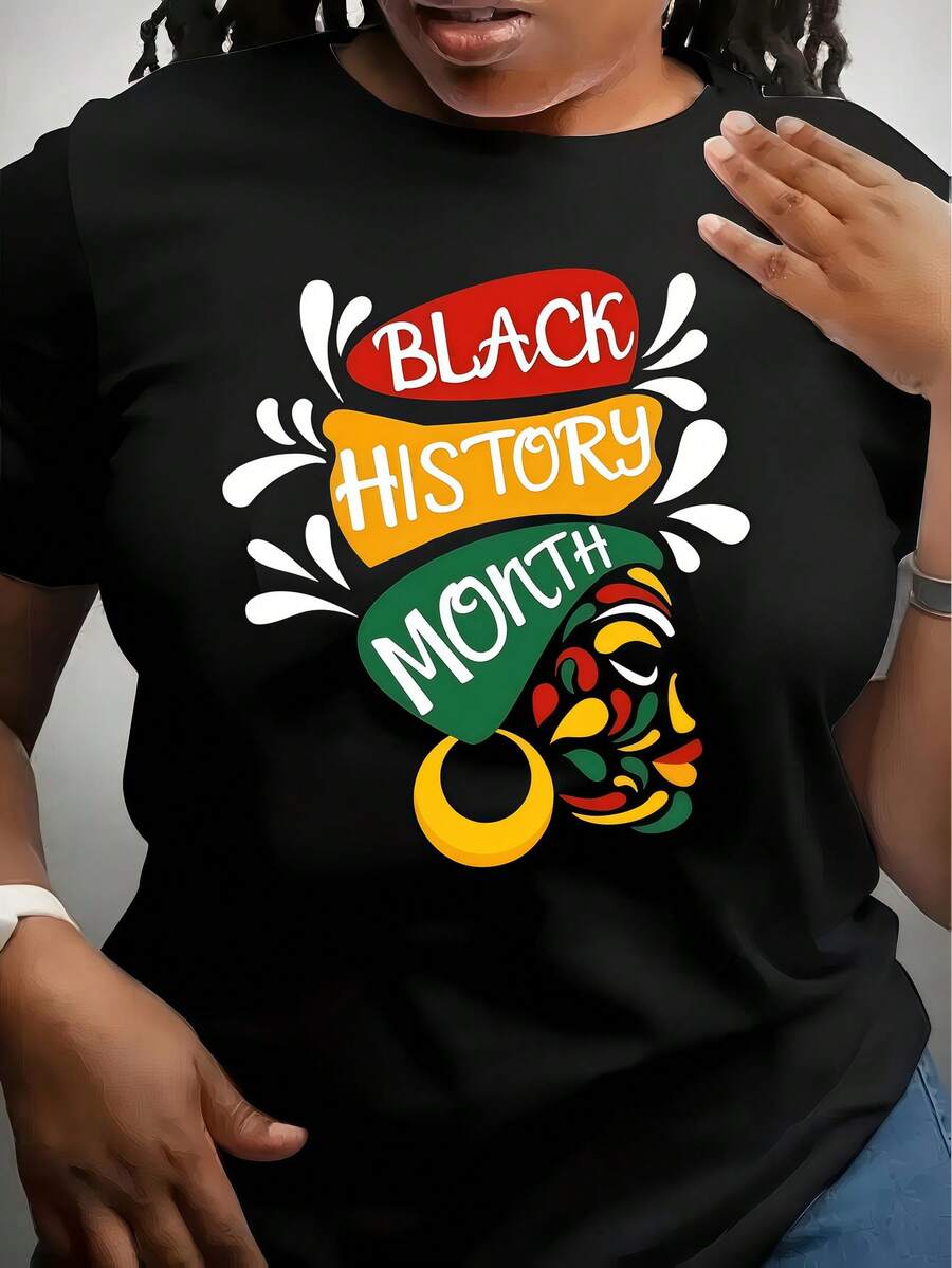 1pc Black History Month Women Clothes African Face Print Black TShirt, Unisex Casual Crew Neck Tshirt, Lightweight 180gsm Knit Fabric, Machine Washable, For Spring/Summer/Fall, Black History Month, Juneteenth, MLK Day - 黑色 - 查看 1