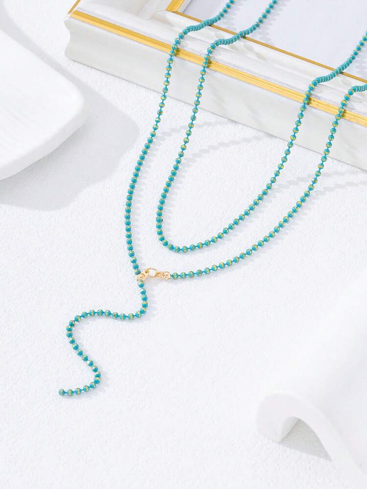 女士多层蓝色串珠Y字形项链，时尚优雅的奢华设计 - 青碧色 - 查看 4