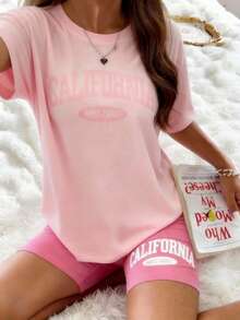 Casual Pajamas, California West Coast Letter Print T-Shirt, Comfortable Loose Women's Loungewear Set - Multicolor - View 5