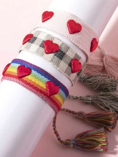 爱心编织手链镂空刺绣心形可调节腕带手工流苏手绳少女饰品礼物