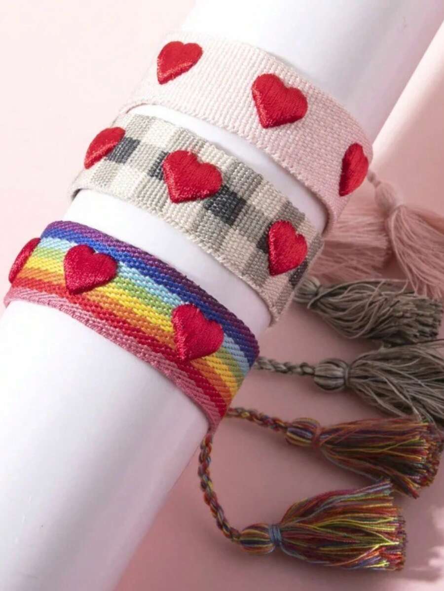 爱心编织手链镂空刺绣心形可调节腕带手工流苏手绳少女饰品礼物 - 均碼 - 查看 1