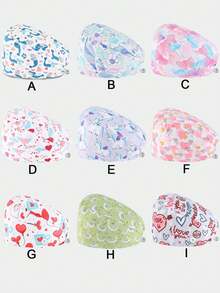 男女通用护士帽，卡通动物和爱心图案，配有吸汗带、防尘罩和长发绳。适合角色扮演，实用时尚，非常适合美容院、护理院、医院、牙科诊所、兽医诊所、儿科诊所、家庭清洁、日常佩戴或度假。 - 多色2 - 查看 2