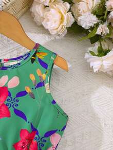 女童碎花无袖休闲连衣裙，夏季度假风 - 綠色 - 查看 4