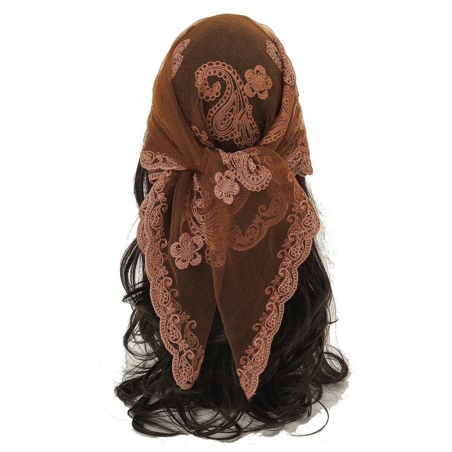 1pc Embroidered Bandana Scarf For Women - Fashion Square Scarf For Dress & Hair, Brown - màu nâu - Xem 1