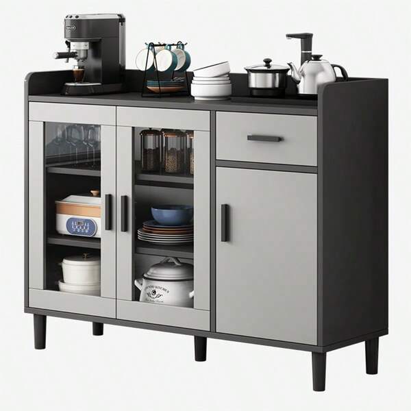 Elegante armario de almacenamiento de vajilla de cocina moderna, con diseño de puerta abierta separada, soporte de microondas y gran capacidad, ideal para el hogar.