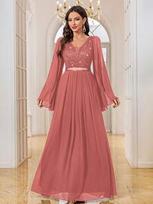 MIUSOL Women's Sequin Floral Lace Patchwork Deep V-Neck Chiffon Long Sleeve Rhinestone Ruched Hem Formal Party Dress Wedding Spring - Dusty Pink - View 4