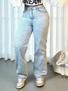 女士休闲直筒牛仔裤 - 淺色水洗藍 - 查看 1