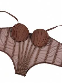 Women's Brown Cropped Camisole, Casual Backless Tank Top With Padded Bra, Mesh Skeleton Bodysuit For Party - Dark Brown - View 6