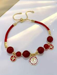 1件优雅红色吉祥结吊坠可调节编织手链，时尚可爱串珠手链，女士款 - 紅色 - 查看 3