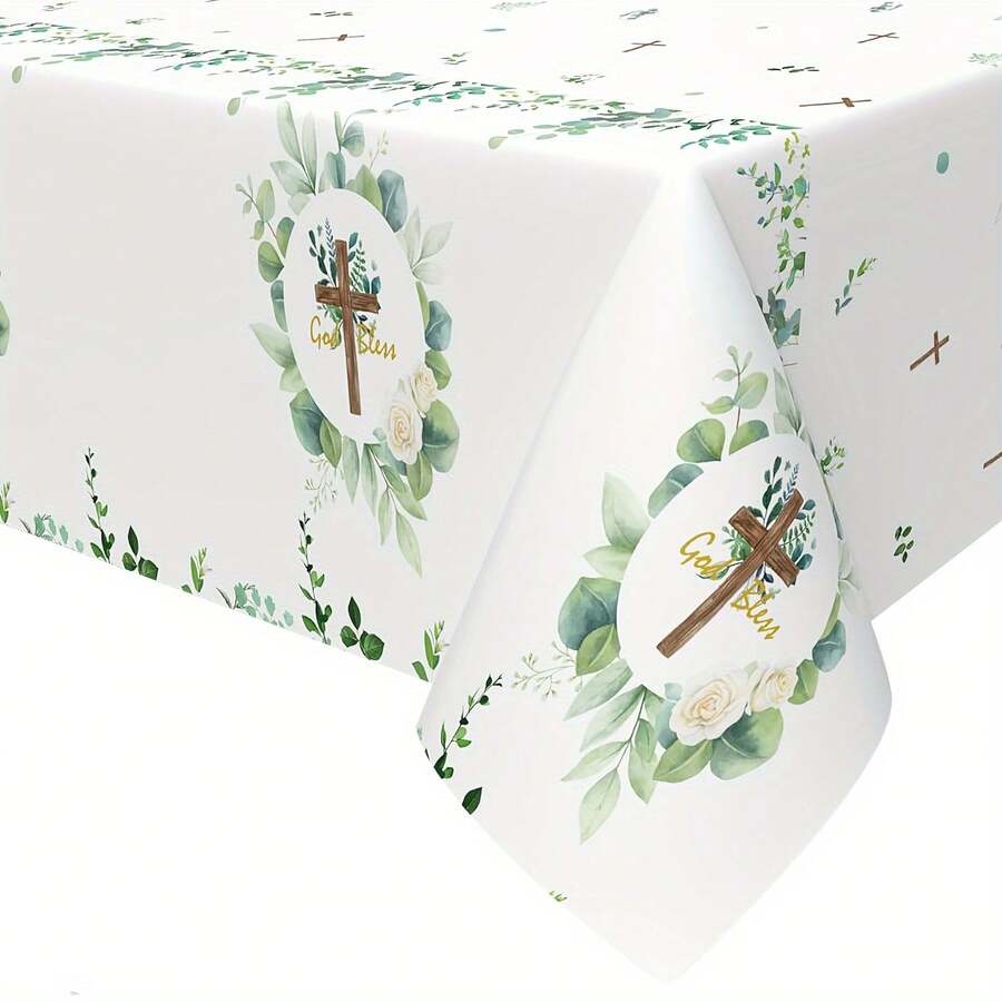 1pc/2pcs 54"X108" God Bless Tablecloth, Eucalyptus Leaf Cross Religious Tablecloth, Sage Green Plastic Tablecloth, Suitable For Shower, Communion Decor - Multicolor - View 1