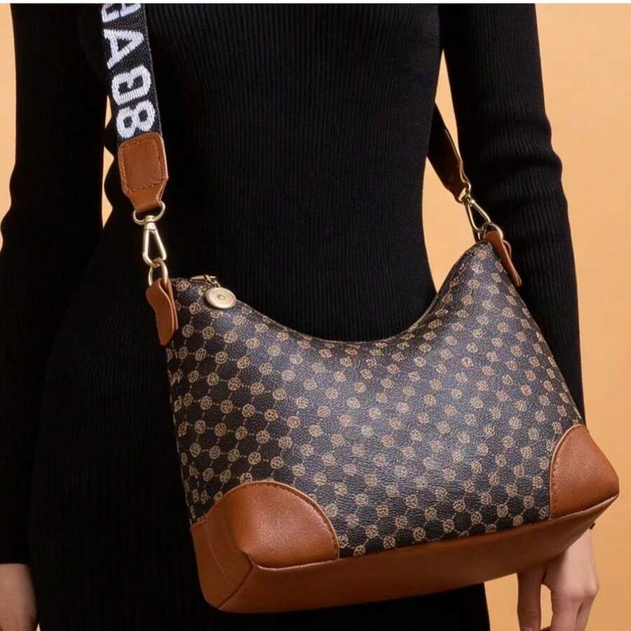 复古花卉单肩包，新款时尚百搭印花女士腋下包，斜挎水桶包，女士手提包 - 棕色 - 查看 1