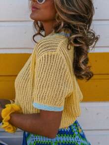 Summer Dopamine Contrast Color Knit Cardigan Women Short Hollow Out Short Sleeve Top - Yellow - View 3
